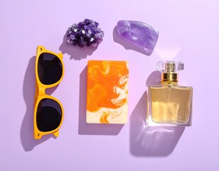 Still life sunglasses, soap, stones, and perfume bottle