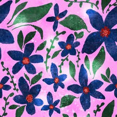 Abstract Hand Drawing Digital Watercolor Beautiful Old Textured Tropical Hibiscus Japanese Flowers and Leaves Seamless Pattern with Isolated Background