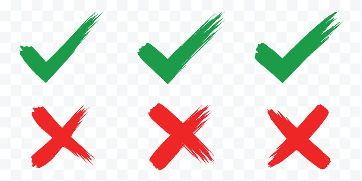 Brush, marker drawn check mark and cross icon set Collection of hand drawn drawn tick symbol, chalk checkmark illustration. Check mark grunge icon set. Hand drawn check tick mark icon set. x marks set