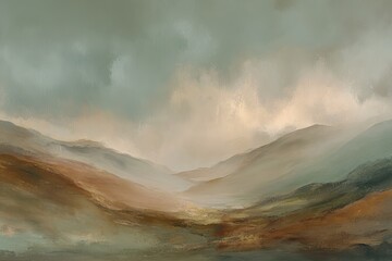 An atmospheric painting of a mountain valley beneath a stormy sky with soft light