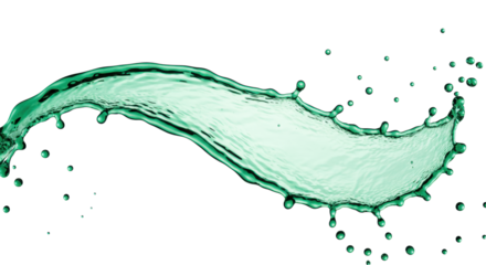 frozen high-speed macro splash of translucent emerald green water forming a graceful arc, spherical droplets against a high-key transparent studio background with copy space. concept for liquid