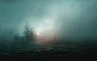A moody forest scene shrouded in thick, ethereal fog, with the sky breaking through