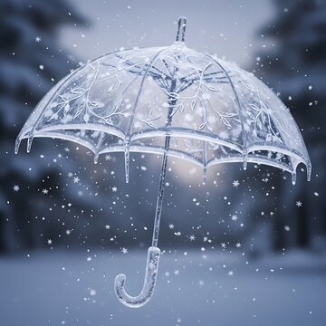 Stunning transparent umbrella catches delicate snowflakes during a magical winter snowfall in a serene outdoor setting