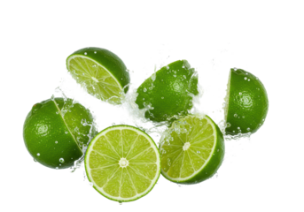 Hyperdetailed macro shot of ripe emerald green limes forcefully disrupting water, creating a radial splash and microscopic droplets, isolated on white. Concept for commercial freshness advertising