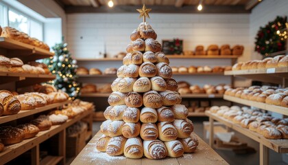 A festive bakery display featuring a Christmas tree made of bread rolls dusted with powdered sugar, surrounded by shelves of baked goods.