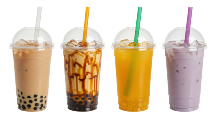 four hyperdetailed, cold bubble teas (milk, brown sugar, mango, taro) in condensation-heavy plastic cups, perfectly lined up on a transparent background. concept for beverage advertising