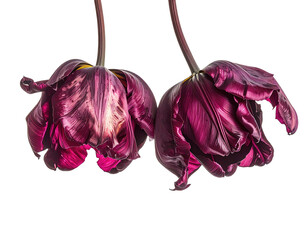 Two dark purple tulips with ruffled petals
