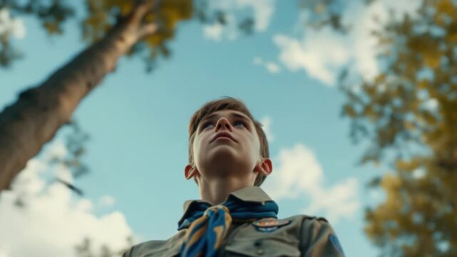 Young caucasian boy scout observes birds in forest under clear blue sky