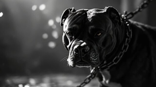 Intense black and white close-up of a strong pitbull wearing a heavy chain