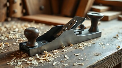 jointer. Woodworking jointer plane on rustic bench surrounded by fresh wood shavings. tutorial guides, club newsletters, designed for sports & leisure club marketing, used by recruiters.