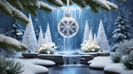 &ldquo;Magical Christmas Ornament with Glowing Crystal Trees and Miniature Waterfalls on Snowy Pine Branch&rdquo;