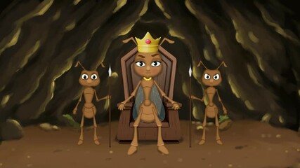 Loyal 2d animated cartoon animation of three ants bowing to crowned king in cave on green screen chromakey background, ideal for hierarchy respect, insect court, and devoted tiny subject tribute