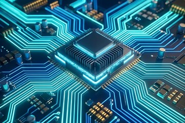 Macro Photograph of Futuristic Glowing Blue and Cyan Electronic Circuit Board traces and CPU Chip, Artificial Intelligence Technology Background