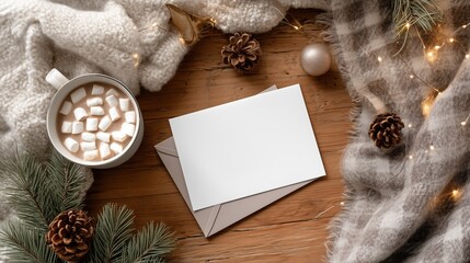 Cozy Christmas flat lay with blank card and hot cocoa