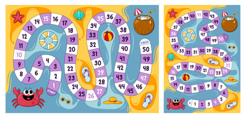 Vector Summer Kids World Tour Board Game Template. Fun Cartoon Step Path Maze for Children, Printable Educational Worksheet, Family Travel and Holiday Activity Illustration