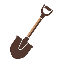 Brown garden shovel with tan handle and white outline on white background tool digging