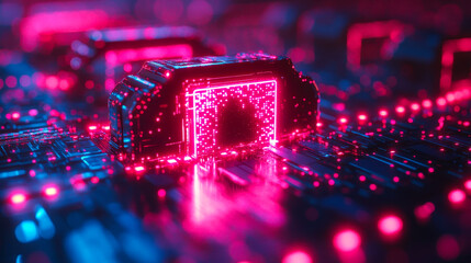 Futuristic Data Security Concept with Encrypted Files and Access Control Modules in Neon Cyber Environment at Night