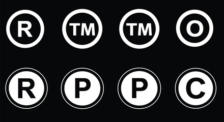 Collection of Intellectual Property Symbols in White Circles on Black Background, Trademark Registered Copyright Phonogram Marks, Legal IP Icon Set Vector Illustration