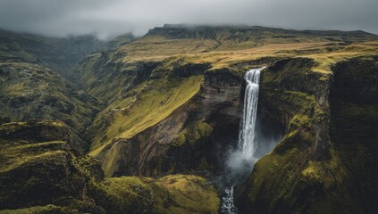 Fototapeta premium A cascading waterfall plunges into a deep valley framed by lush green hills under an overcast sky