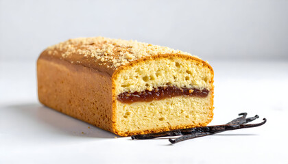 Freshly baked pound cake with jam filling and vanilla beans on white background