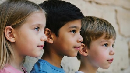 Three diverse children looking up with curiosity and wonder, showcasing childhood friendship and youthful exploration in a natural setting.