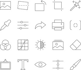 Photography and Photo Editing Line Icons Set &mdash; Tools, Adjustments, Filters, Retouching, Minimal Outline Vector