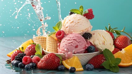 Delicious scoops of ice cream with fresh berries and orange slices, water splashing