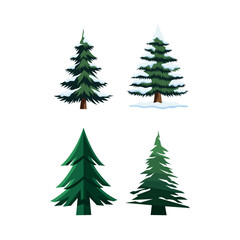 Four distinct illustrations of evergreen trees, including snowy pines and stylized firs, suitable for winter and nature-themed designs.