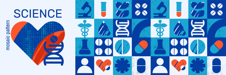 Geometric mosaic hospital  pattern with science elements and dna background.