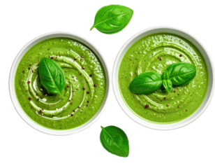 Two bowls of vibrant green soup with basil