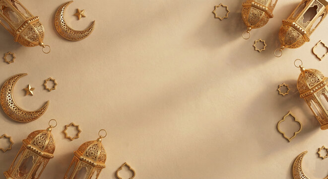 Flat lay Ramadan with aesthetic beige-sand background, soft warm tones
