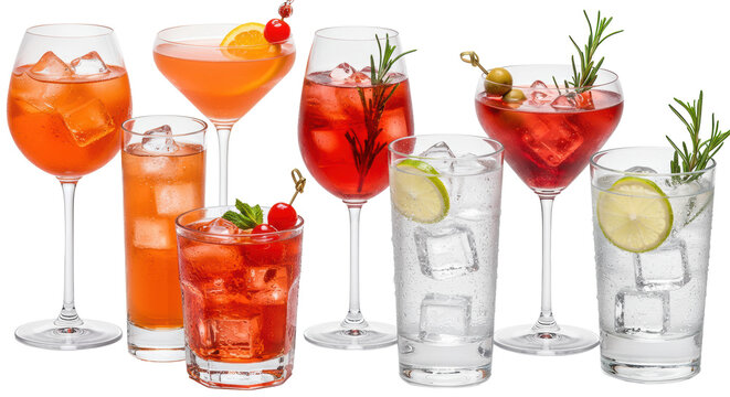 Eight vibrant non-alcoholic mocktails in frosted glassware with precise garnishes, studio high-key light on transparent background. Concept for premium beverage advertising