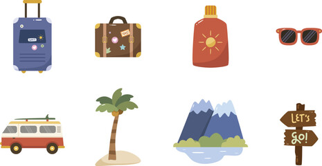 Travel Element Items Vector Illustration Collection with Luggage Bag Coconut Tree Mountain Van 