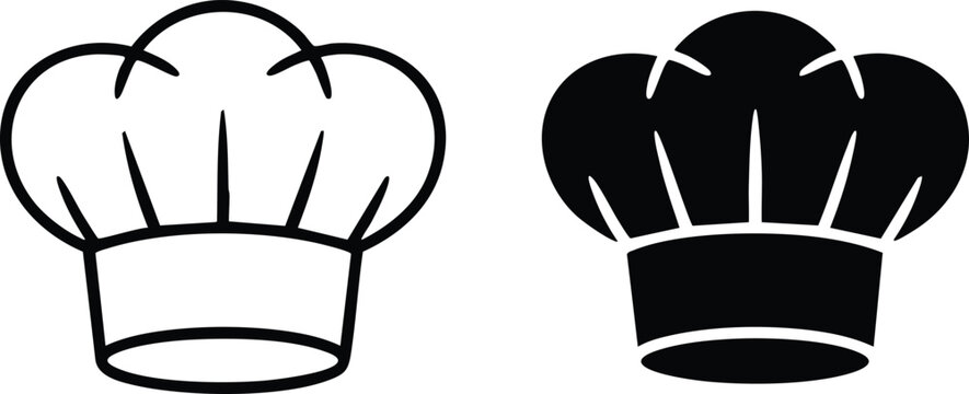 Chef's Hat Icon, Toque Blanche or Cook Hat Icon, Outline and Filled Chef Cap Symbol, Restaurant or Culinary Icon, Baker or Cook Headwear Pictogram, silhouette, vector, illustration.
