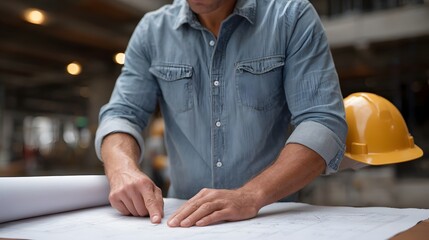 A construction professional reviews detailed blueprints on a table in an industrial setting with a hard hat nearby