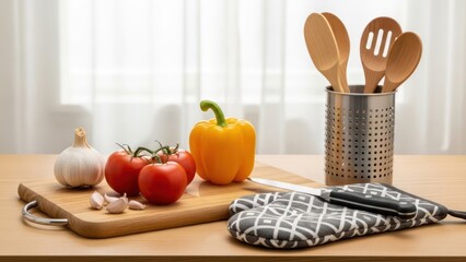 Kitchen setup with wood, garlic, tomatoes, pepper, metal utensil holder