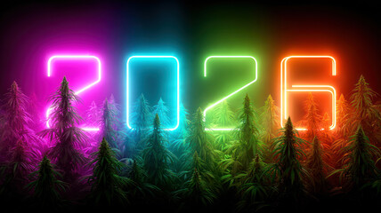 2026 neon lights and surreal colorful cannabis plants. New Year