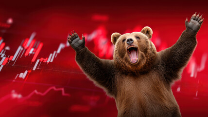 Trader depicted as a bear is happy with a successful trade - falling stock market concept