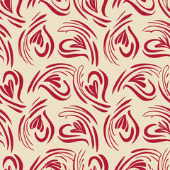 Abstract hearts, red and pink brushstrokes, form seamless background. Repeat abstract hearts pattern features decorative art elements, ideal for textile.