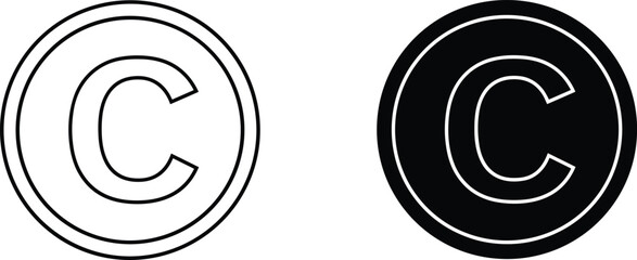 Minimal copyright icon pair, outlined and filled circle symbols, intellectual property mark, vector design for legal, publishing, branding and digital content protection