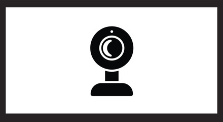 Minimalist black and white webcam icon inside thick rectangular frame, video conferencing symbol, surveillance camera concept, live streaming, online communication