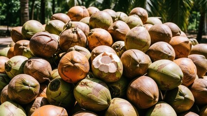 Piled coconuts mostly green and brown, one cracked open under palm trees