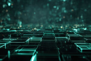 An abstract, futuristic digital landscape made of glowing cube structures with bokeh in the distance