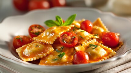 Ravioli pasta serving with vibrant tomato sauce, cherry tomatoes, and fresh basil leaves