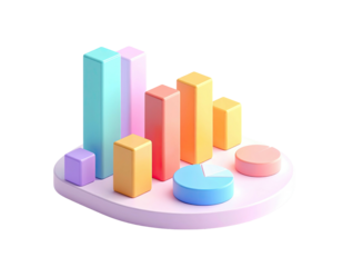 Pastel 3D data chart with bars and pie slice