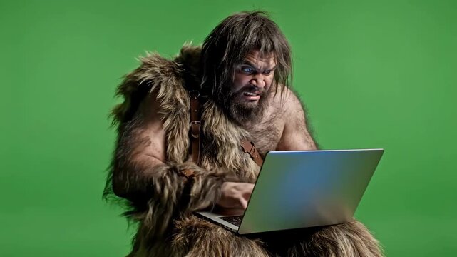 Caveman Typing Frantically on Laptop Green Screen Background