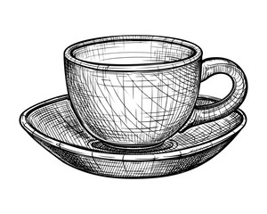 Cup and saucer. Vector hand drawn illustration of cup for tea or coffee in engraved style. Ceramic, glass, porcelain household kitchen utensils. Black and white sketch isolated on white background