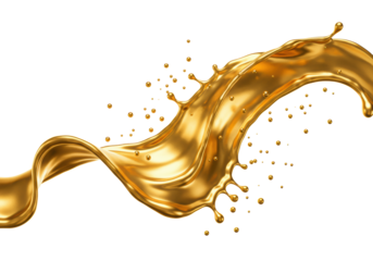 Dynamic splash of molten 24k gold forming an elegant upward ribbon structure and scattering micro-droplets, dramatically lit against a transparent studio background, concept for luxury advertising