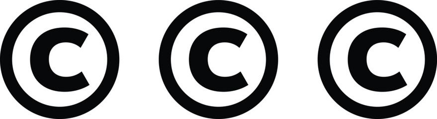 Row of three bold copyright symbols, black © icons, repetition concept, intellectual property protection, legal signage for creative works, vector illustration