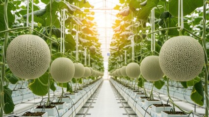 Row of melons hanging in bright greenhouse, vines and hydroponic irrigation visible